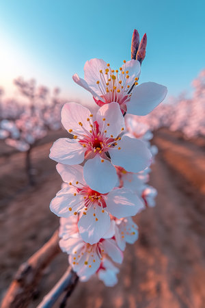 Blossoming Delights Close-up of Almond Tree Branch in Full Bloom, Vibrant Spring Floral Displayの素材