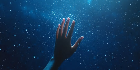 Hand Reaching for Glowing Network, Abstract Connections in Dark Blue Space Backgroundの素材