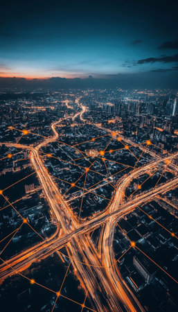 Luminous Network Dynamic Urban Landscape With Glowing Connection Points And Intense Bluesの素材