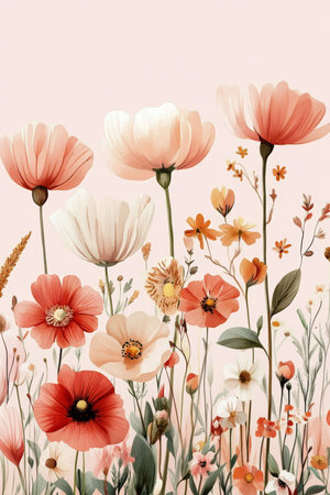 Delicate Wildflowers in Peach and Cream, Pastel Floral Background, Gentle Watercolor Aestheticの素材
