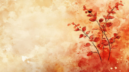 Gentle Orange Watercolor Background, Detailed Ink Drawing of Tall Plants, Pastel Colors, Backdropの素材