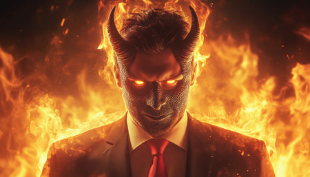 Corporate Devil In Flames Portrait Of A Man In Suit With Devil Mask And Fiery Backdropの素材