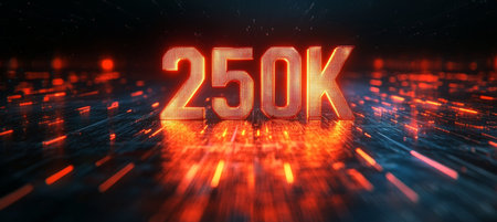 Orange Neon 250K Digital Number on Futuristic Technology Background with Light Streaks.の素材