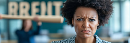 Frustrated Businesswoman Stressed By Threatening Male Colleague With Baseball Bat At Workの素材