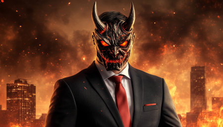 Corporate Devil A Figure in a Suit with a Demon Mask Against a Fiery City Backgroundの素材