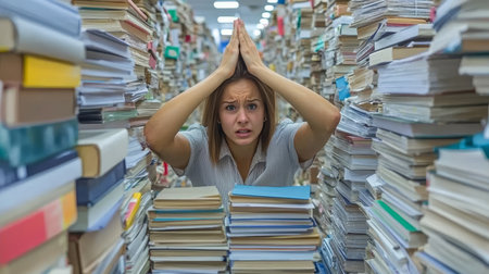 Overwhelmed Young Woman Surrounded by Stacks of Books, Stress and Information Overload Conceptの素材