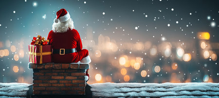 Santa Claus Over a Snowy Festive City Rooftop Chimney View with Present, Stunning Night Sceneの素材