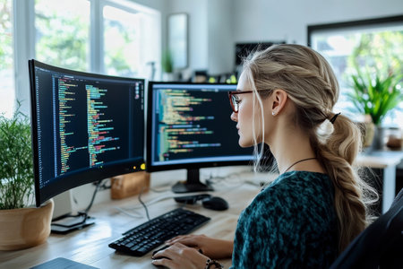 Focused Female Developer Coding on Dual Monitors in Home Office. Software Engineer at Workの素材