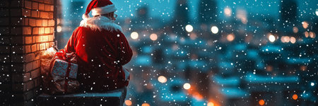Santa Claus Taking a Break on a Snowy Christmas Eve, City Lights Twinkling in the Backgroundの素材