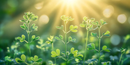 Sun Rays Through Lush Green Foliage, Spring Nature Background With Bright Sunlight And Bokehの素材