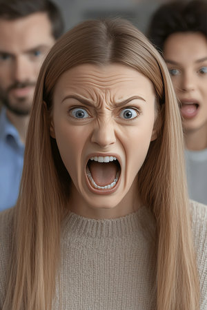 Angry Woman Shouting, Office Conflict, Workplace Stress, Confrontation, Intense Argumentの素材