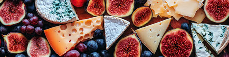 Cheese Board, Variety. Figs, Grapes, Brie, Cheddar, Gorgonzola, Parmesan, Swiss Cheese Assortmentの素材