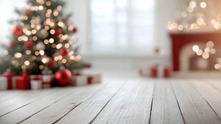Festive Christmas Home Interior With Decor, Tree And Presents, Wood Floor Banner, Copy Spaceの素材