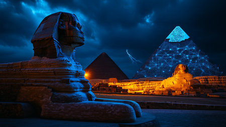 Ancient Meets Modern The Great Sphinx of Giza and Pyramids Illuminated Under a Network of Light.の素材