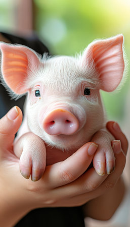 Adorable Piglet Gently Held in Caring Hands, Close Up Portrait on a Blurred Green Backgroundの素材
