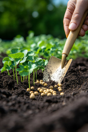 Home Gardening and Eco Lifestyle Planting Seeds in Rich Soil, Sprouting Plants and Toolsの素材
