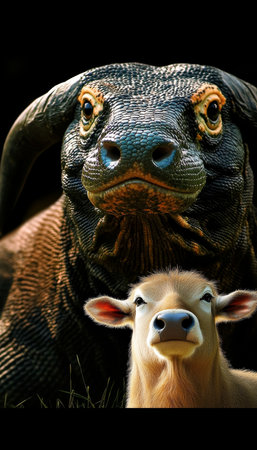 Majestic Wildlife Face-Off Komodo Dragon and Water Buffalo Portrait on Black Backgroundの素材