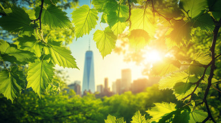 Sunlight Through Vibrant Green Leaves, Cityscape Vista With Modern Skyscraper, Urban Oasis Concept.の素材