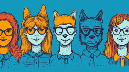 Minimalist Cartoon Characters With Animal Features, Wearing Glasses, Posing On A Teal Backgroundの素材