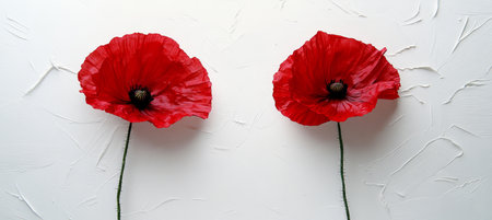 Two Red Poppy Flowers on White Textured Background with Copy Space for Remembrance Dayの素材