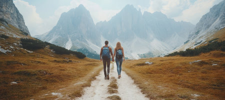 Couple Hikes Scenic Trail With Picturesque Mountain View, Adventure Tourism Destinationの素材
