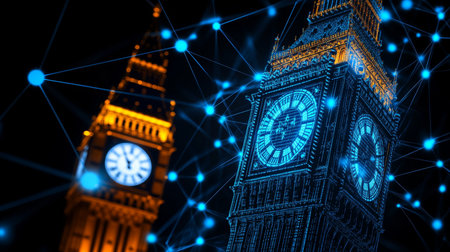 Digital Network Around Big Ben, London, UK. Futuristic Cityscape and Technology Concept.の素材