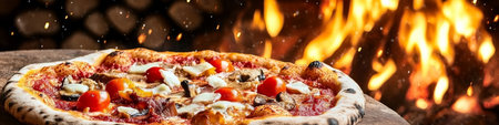 Delicious Italian Pizza with Freshly Baked Crust, in Front of a Burning Wood-Fired Ovenの素材