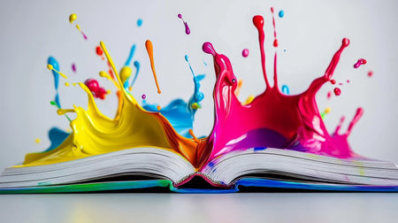 Creative Burst Open Book with a Vibrant Explosion of Colorful Paint on White Backgroundの素材