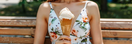 Woman in Summer Dress Holds Delicious Ice Cream Cone, Enjoying a Sweet Treat Outdoorsの素材