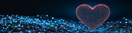 Glowing Red Dot Heart Over Abstract Network Background, Digital Technology And Love Concept Designの素材