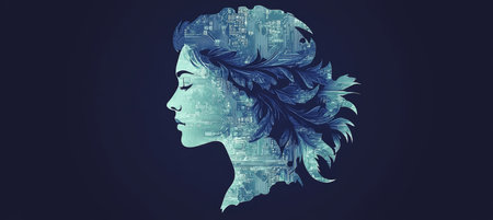 Stylized Female Head Silhouette, Motherboard Patterns, Binary Code, Turquoise and Cyan, Vector Artの素材
