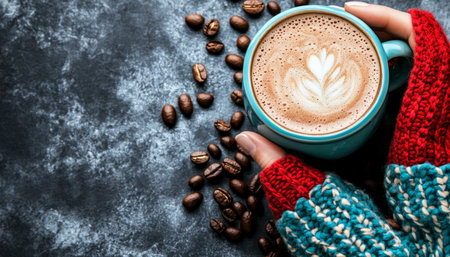 Woman s Hands in Knitted Mittens Holding Steaming Latte with Latte Art, Scattered Coffee Beansの素材