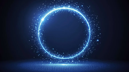 Glowing Neon Blue Circle Frame on Dark Background, Abstract Technology Design with Sparklesの素材
