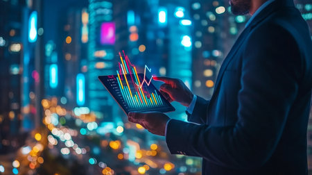 Businessman Analyzing Rising Bar Graph on Tablet With Cityscape Background, Vector Artの素材