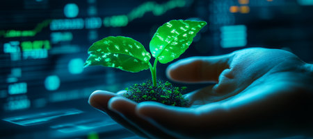 Green Shoots of Financial Growth Hand holding a glowing plant against stock market data.の素材