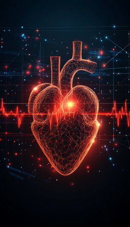 3D Illustration of a Glowing Red Human Heart Healthcare, Cardiology and Medical Research Concept.の素材