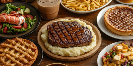 Hearty American Cuisine Spread Grilled Steak, Mashed Potatoes, Fresh Salad, Savory Pie, and Moreの素材