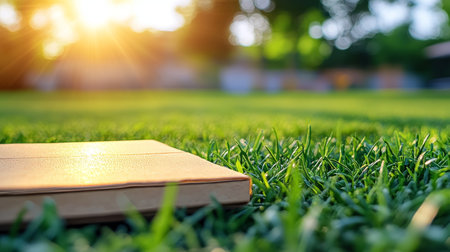 Lush, Green Lawn Open Book Bathed in Golden Sunlight on a Vibrant Spring Day. Background Blurred.の素材
