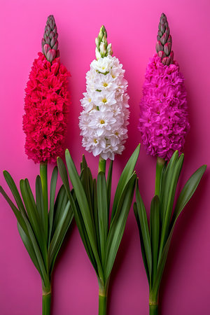 Trio of Vibrant Liatris Spicata Blooms in Red, Pink, and White Against a Pink Backdropの素材