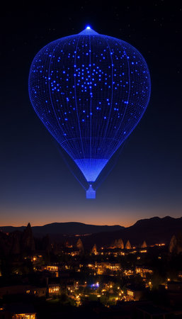 Blue Illuminated Hot Air Balloon Soaring Over Cappadocia s Night Sky with Twinkling Lights, Turkeyの素材