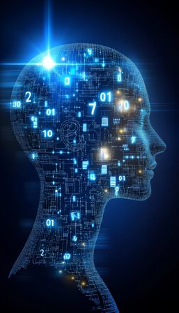 Digital Human Circuit Board Head, Visualization of Artificial Inteligence on a Dark Backgoundの素材