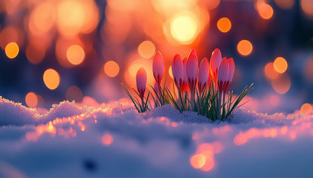 Spring s First Bloom Colorful Crocus Flowers Emerge from Snowy Ground, Bathed in Golden Sunlightの素材