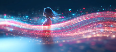 Financial Technology, Woman Standing Amidst Abstract Flowing Data Streams, Digital Transformationの素材