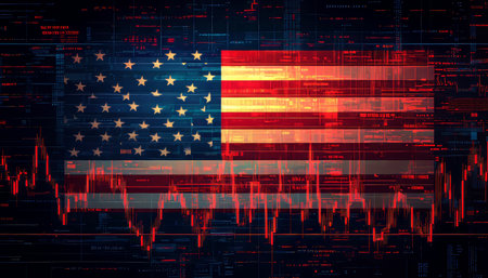 American Flag Overlaid with Dynamic, Red, Financial Chart Lines on a Dark Digital Background.の素材
