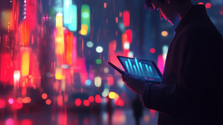 Businessman Analyzing Upward Trending Graph on Digital Tablet, Cityscape Backdrop, Vector Artの素材