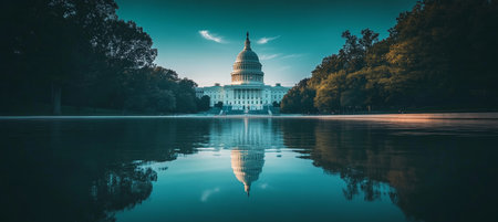 Tranquil Blue Hour Reflection The U.S. Capitol Building Mirrored in Water, Washington, D.C.の素材