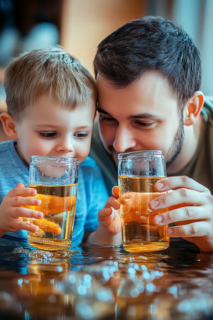 Hydration and Family Bonding Father and Son Enjoy a Refreshing Moment Together with Cold Beverages.の素材