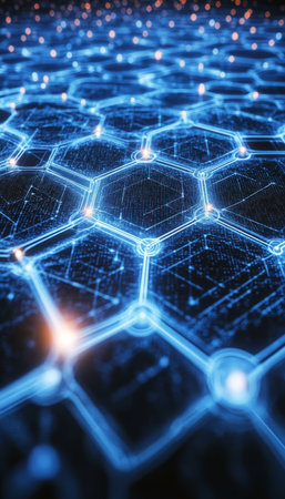 Futuristic Blue Hexagon Network, Digital Technology Background, Glowing Lines, Abstract Particlesの素材