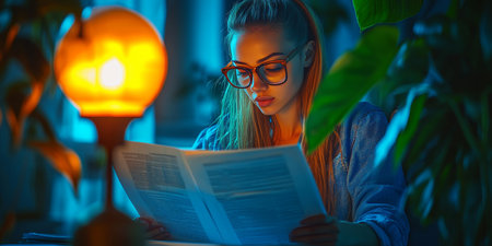 Young Woman Absorbed in Her Studies, Illuminated by Warm Light, Surrounded by Indoor Plantsの素材