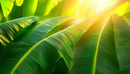 Lush, Vibrant Green Banana Leaves with Sunlight Highlighting the Veins, Nature Backgroundの素材
